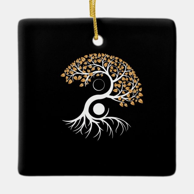 Ornement En Céramique Yin Yang Tree - Feuilles d'or (Devant)