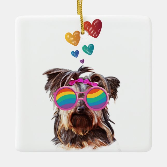 Ornement En Céramique Yorkie Chien avec Coeurs Saint-Valentin (Devant)