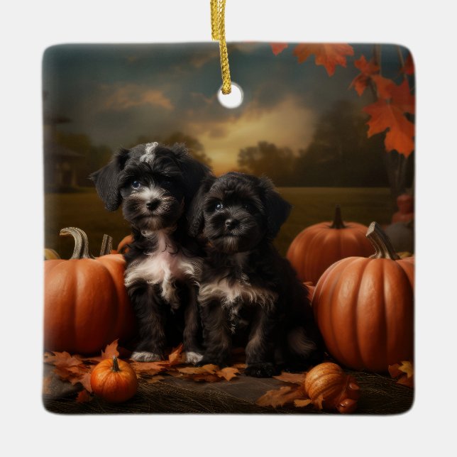 Ornement En Céramique Yorkipoo Chiot Automne Citrouille délice (Devant)