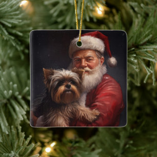 Ornement En Céramique Yorkshire Terrier Père Noël Noël Festif