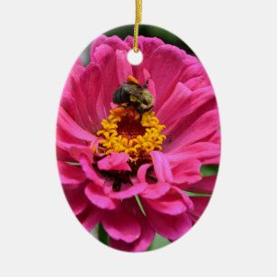 Ornement En Céramique Zinnia rose et bourdon