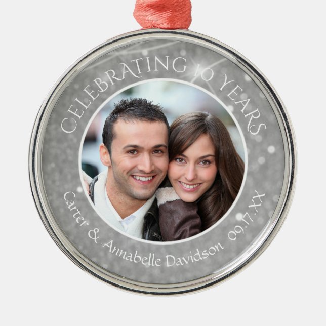 Ornement En Métal 10e anniversaire | Photo Silver Sparkle (Devant)