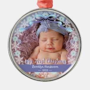 Ornement En Métal 1st Xmas New Baby Photo Name Light Blue Purple
