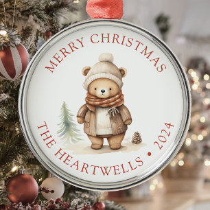 Ornement En Métal 2024 Ourson Mignon Personnalisé Joyeux Noël