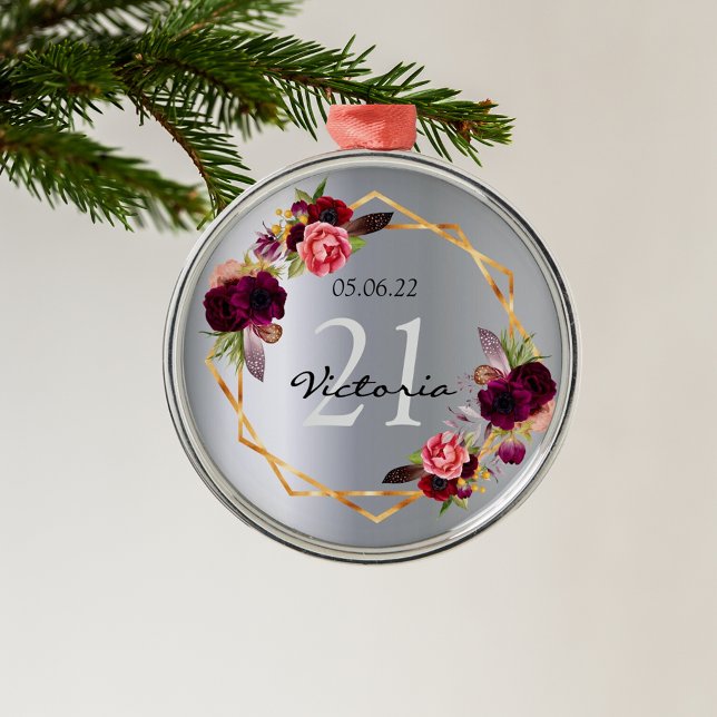 Ornement En Métal 21e anniversaire flores d'argent géométrique borde (Créateur téléchargé)