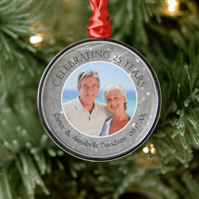 Ornement En Métal 25e anniversaire | Photo Silver Sparkle (Arbre)