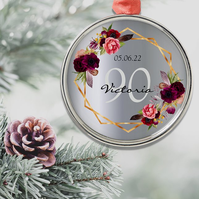 Ornement En Métal 90e anniversaire argent géométrique floral bordeau (Créateur téléchargé)