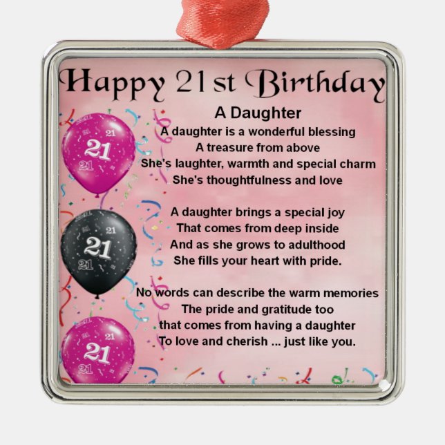 Ornement En Métal Anniversaire de poème de fille 21ème (Devant)