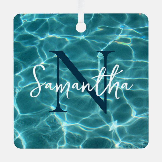 Ornement En Métal Aqua Piscine Turquoise Photo Monogramme (Recto)