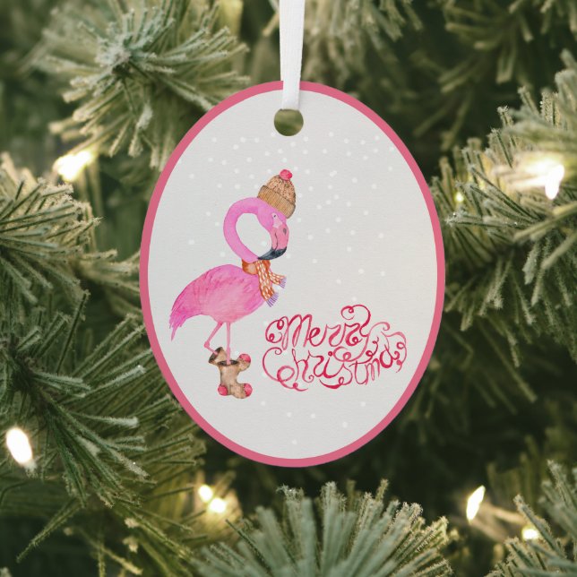 Ornement En Métal Aquarelle Flamant rose rose Joyeux Noël (Insitu)