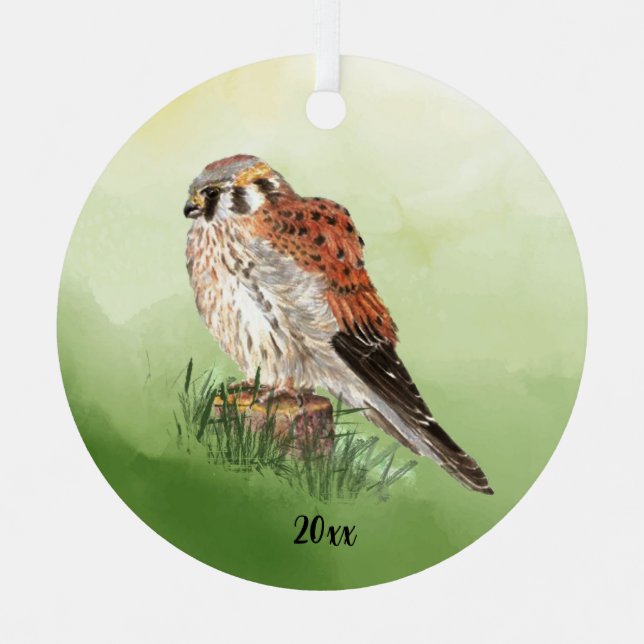 Ornement En Métal Aquarelle Kestrel Américain, Faucon Oiseau Hawk (Recto)