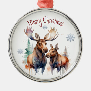 Ornement En Métal Aquarelle Moose Couple Art animal d'hiver