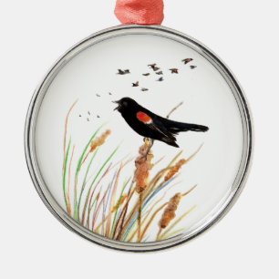 Ornement En Métal Aquarelle Oiseau-noir à ailes rouges - Collection 