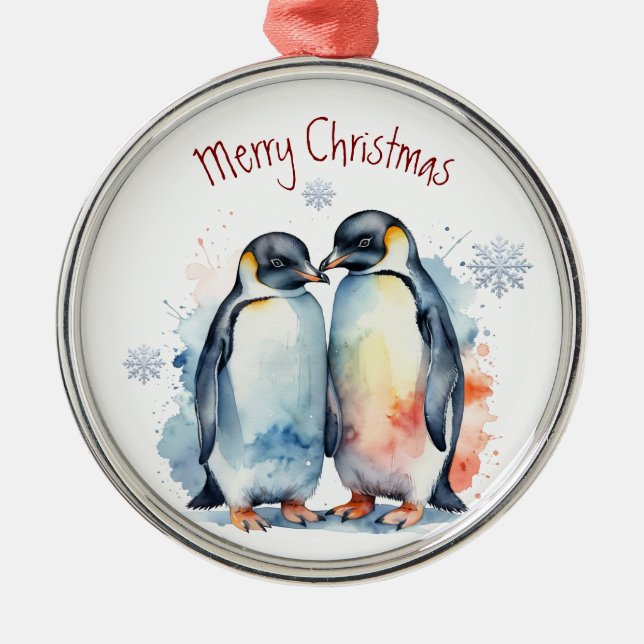 Ornement En Métal Aquarelle Penguin Couple Art animal d'hiver (Devant)