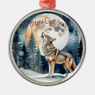 Ornement En Métal Aquarelle Wolf Howling Moon Art animal d'hiver