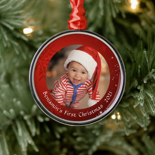 Ornement En Métal Baby First Christmas Red Snowflake Photo Keepsaké (Arbre)