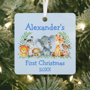Ornement En Métal Baby First Christmas Safari Animaux Bleu