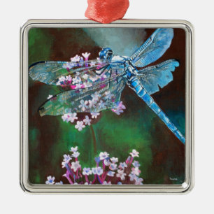Ornement En Métal Bleu Dragonfly Repose Sur L'Ail Sauvage