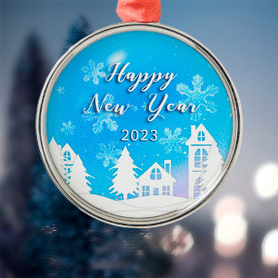 Ornement En Métal Bonne année 2023 Maison Blanche Bleue neige