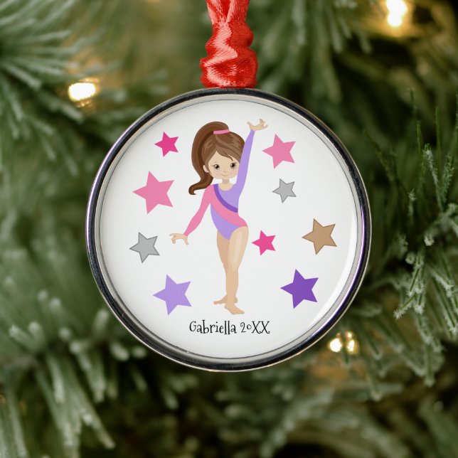 Ornement En Métal Brown Haired Gymnast Girl Gymnastique Noël (Arbre)