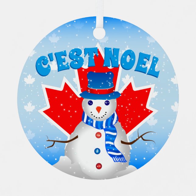 Ornement En Métal C EST NOEL Canadian Maple Leaf Snowman Noël (Recto)