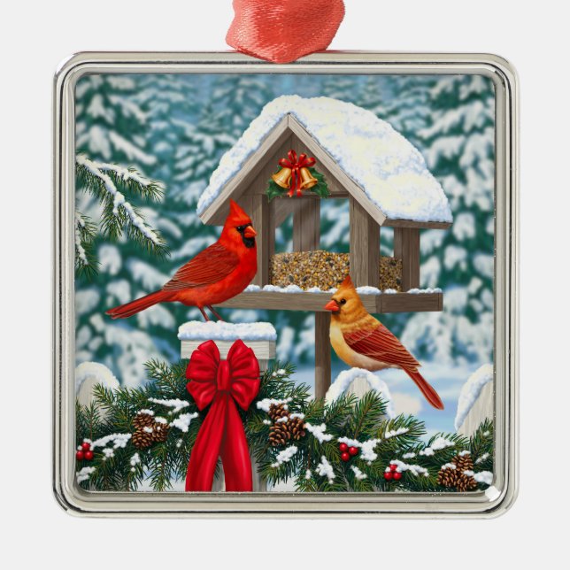 Ornement En Métal Cardinaux et nourriciers d'oiseaux de Noël (Devant)