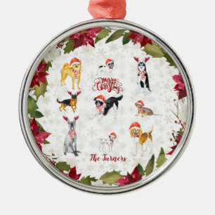 Ornement En Métal Chapeau de Noël Chiens Poinsettia Monogramme