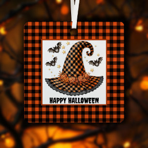 Ornement En Métal Chapeau de sorcière Halloween à carreaux orange et