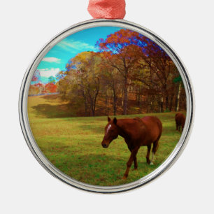Ornement En Métal Cheval Brown dans un champ de couleur arc-en-ciel