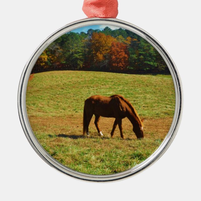 Ornement En Métal Cheval Brown rouge dans les arbres d'automne (Devant)