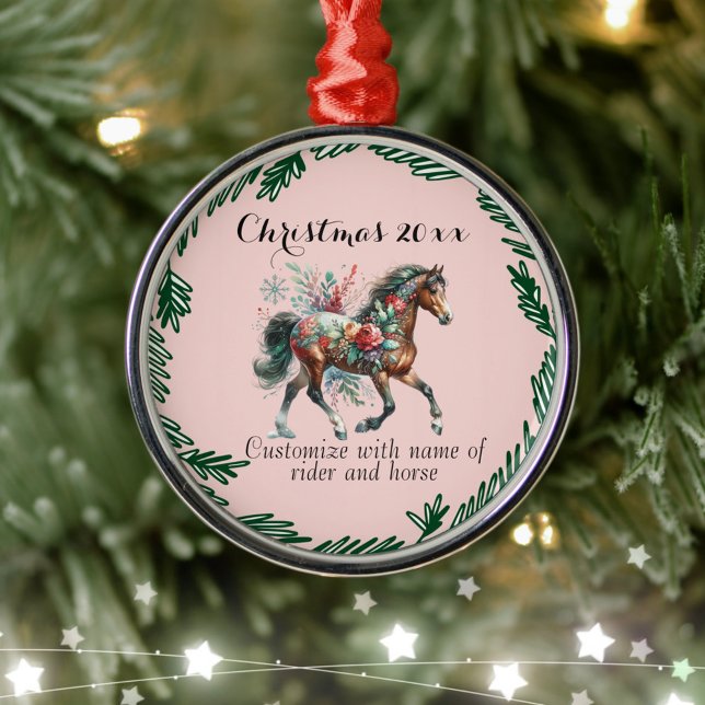 Ornement En Métal Cheval d'hiver aux fleurs (Enjoy this Festive Christmas design! Customize with your favorite holiday event or greeting. )