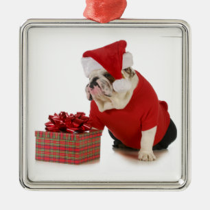 Ornement En Métal Chien de Père Noël - bouledogue anglais habillé