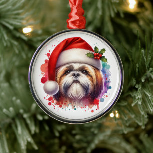 Ornement En Métal Chih Tzu Chien à Santa Hat Noël