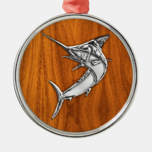 Ornement En Métal Chrome Marlin sur le bois de teck