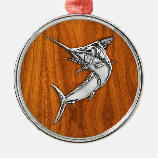 Ornement En Métal Chrome Marlin sur le bois de teck (Devant)