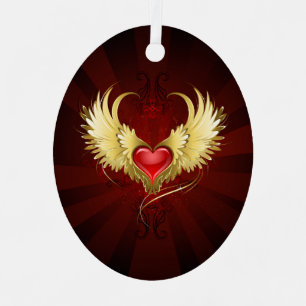 Ornement En Métal Coeur rouge avec ailes d'or