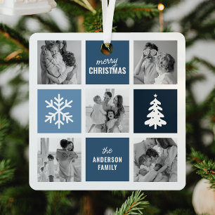 Ornement En Métal Collage de photos de famille Noël bleu