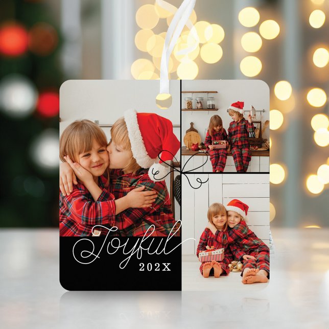 Ornement En Métal Collage photo minime joyeux Present Ruban Noir (Joyful Minimal Photo Collage Present Ribbon Black Metal Ornament)