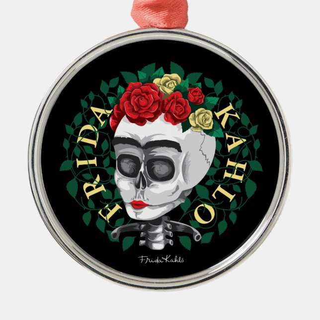Ornement En Métal Crâne de Frida Kahlo | avec la couronne rose (Devant)