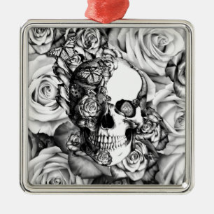 Ornement En Métal Crâne noir et blanc de rose avec des papillons