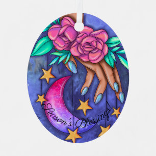 Ornement En Métal Créez Votre Mignonne Lune, Étoiles, Main Rose