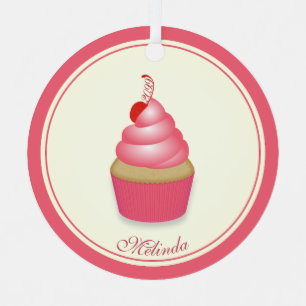 Ornement En Métal Cupcake rose rétro avec nom Date