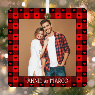 Ornement En Métal Cute Buffalo Plaid Coeurs Couple Couple Noël