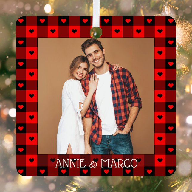 Ornement En Métal Cute Buffalo Plaid Coeurs Couple Couple Noël (Créateur téléchargé)