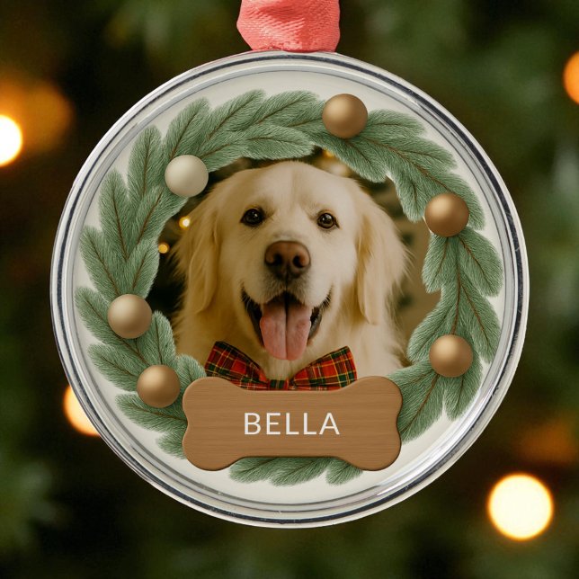 Ornement En Métal Cute Chien Photo Wreath Nom Fête Noël (Créateur téléchargé)