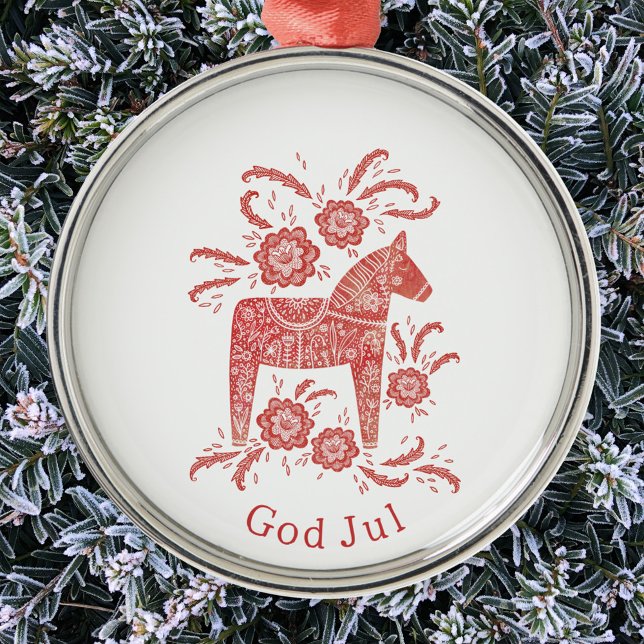 Ornement En Métal Dala suédois Cheval Dieu Jul (Swedish Dala Horse God Jul metal Christmas tree ornament)