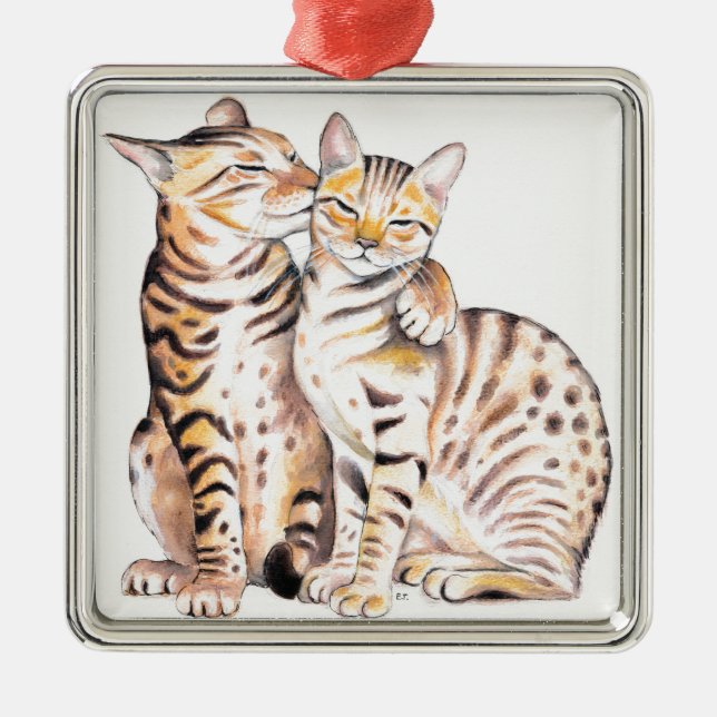 Ornement En Métal Deux chats du Bengale Aquarelle Art (Devant)