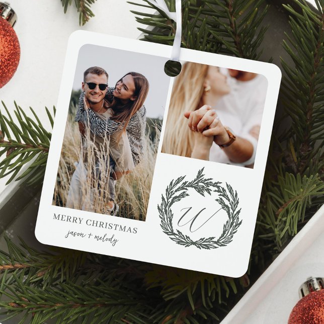 Ornement En Métal Deux photos Fiançailles Garland Wreath Monogramme (Couple Engagement Photos Garland Wreath Monogram Metal Ornament)