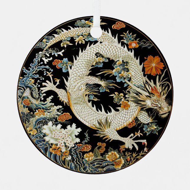 Ornement En Métal Dragon asiatique blanc et fleurs (Recto)