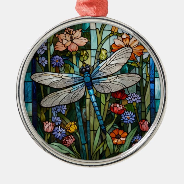Ornement En Métal Dragonfly boho floral botanical stain glass (Devant)
